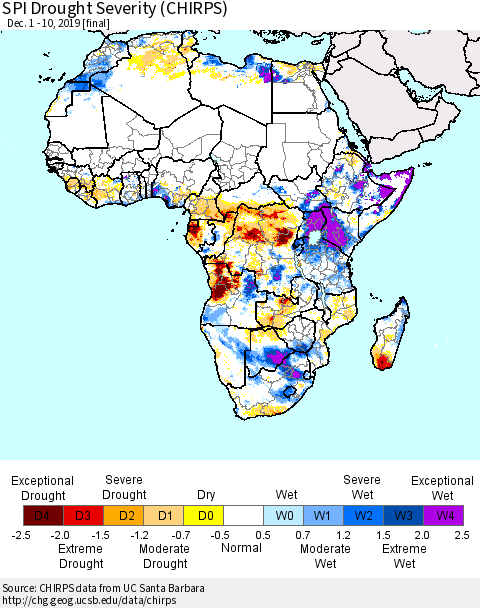 Africa SPI Drought Severity (CHIRPS) Thematic Map For 12/1/2019 - 12/10/2019