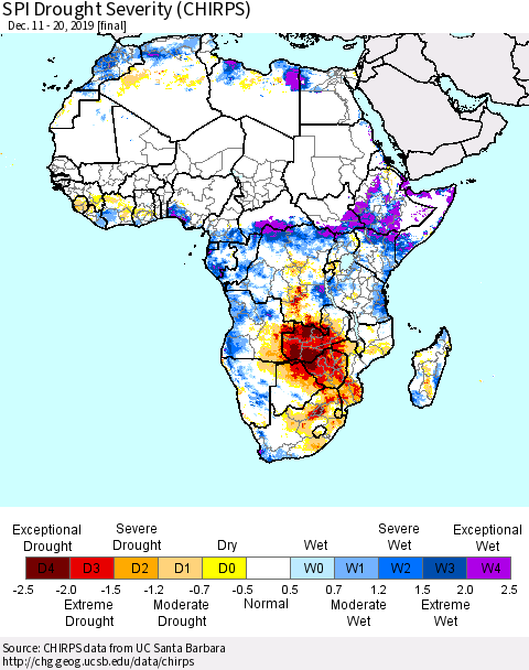 Africa SPI Drought Severity (CHIRPS) Thematic Map For 12/11/2019 - 12/20/2019
