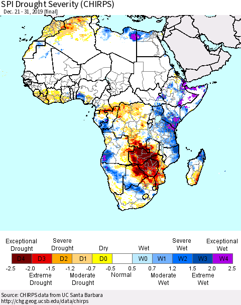 Africa SPI Drought Severity (CHIRPS) Thematic Map For 12/21/2019 - 12/31/2019