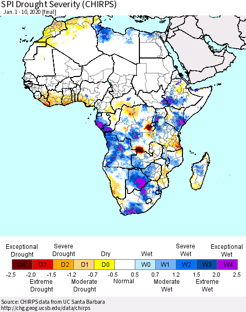 Africa SPI Drought Severity (CHIRPS) Thematic Map For 1/1/2020 - 1/10/2020
