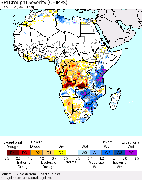 Africa SPI Drought Severity (CHIRPS) Thematic Map For 1/11/2020 - 1/20/2020