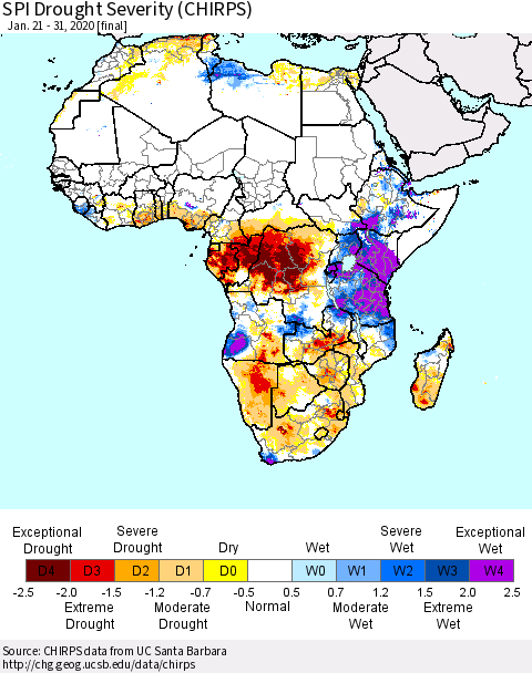 Africa SPI Drought Severity (CHIRPS) Thematic Map For 1/21/2020 - 1/31/2020