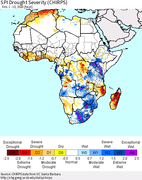 Africa SPI Drought Severity (CHIRPS) Thematic Map For 2/1/2020 - 2/10/2020