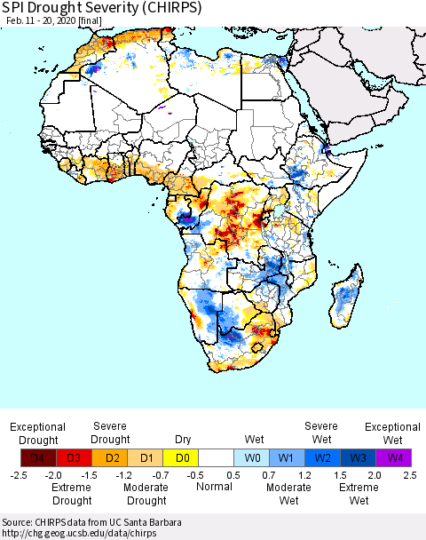 Africa SPI Drought Severity (CHIRPS) Thematic Map For 2/11/2020 - 2/20/2020