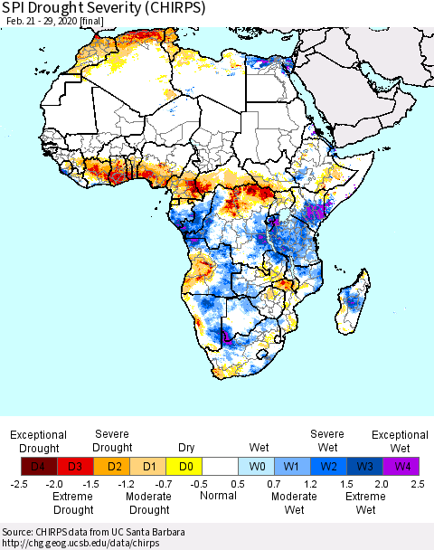 Africa SPI Drought Severity (CHIRPS) Thematic Map For 2/21/2020 - 2/29/2020