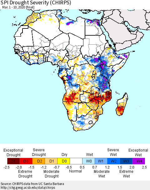 Africa SPI Drought Severity (CHIRPS) Thematic Map For 3/1/2020 - 3/10/2020