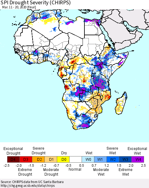 Africa SPI Drought Severity (CHIRPS) Thematic Map For 3/11/2020 - 3/20/2020