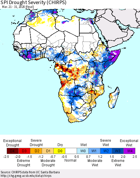 Africa SPI Drought Severity (CHIRPS) Thematic Map For 3/21/2020 - 3/31/2020