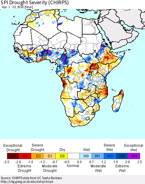 Africa SPI Drought Severity (CHIRPS) Thematic Map For 4/1/2020 - 4/10/2020