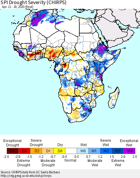 Africa SPI Drought Severity (CHIRPS) Thematic Map For 4/11/2020 - 4/20/2020