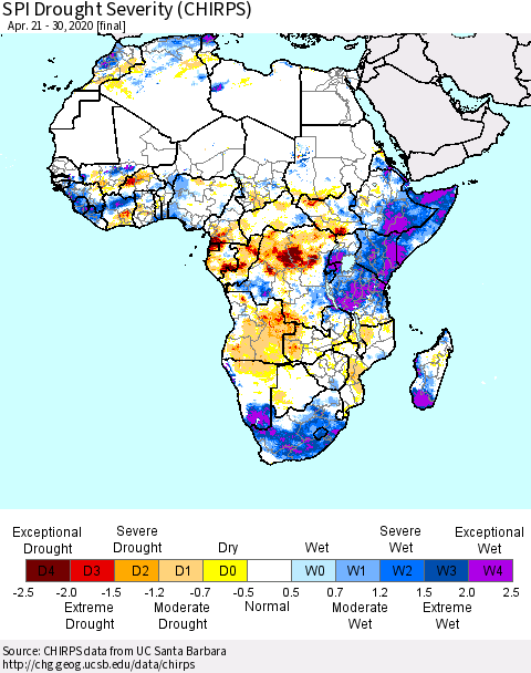 Africa SPI Drought Severity (CHIRPS) Thematic Map For 4/21/2020 - 4/30/2020