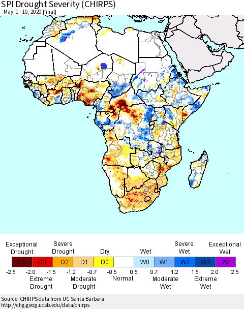 Africa SPI Drought Severity (CHIRPS) Thematic Map For 5/1/2020 - 5/10/2020
