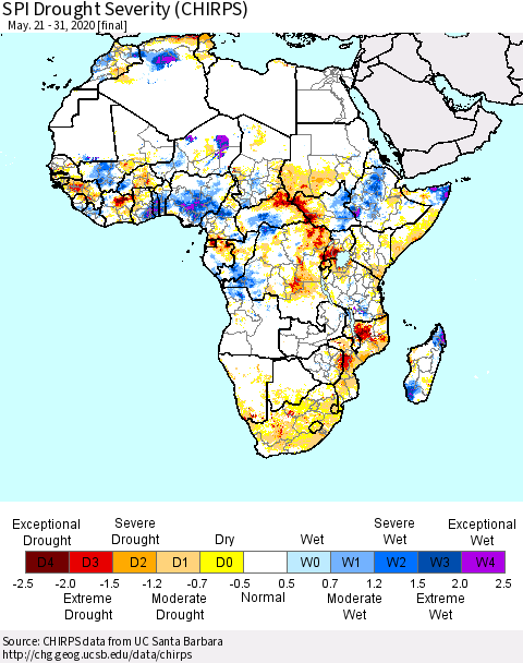 Africa SPI Drought Severity (CHIRPS) Thematic Map For 5/21/2020 - 5/31/2020