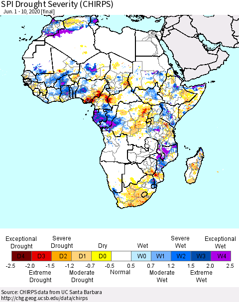 Africa SPI Drought Severity (CHIRPS) Thematic Map For 6/1/2020 - 6/10/2020