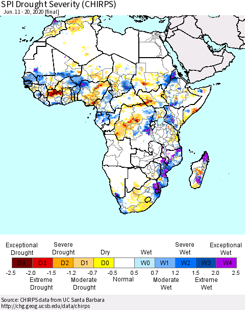 Africa SPI Drought Severity (CHIRPS) Thematic Map For 6/11/2020 - 6/20/2020