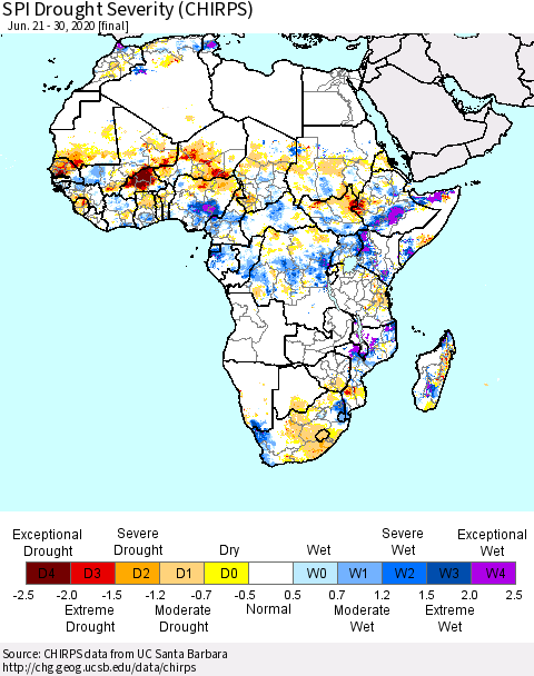 Africa SPI Drought Severity (CHIRPS) Thematic Map For 6/21/2020 - 6/30/2020