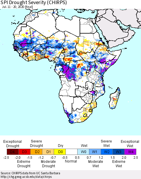 Africa SPI Drought Severity (CHIRPS) Thematic Map For 7/11/2020 - 7/20/2020