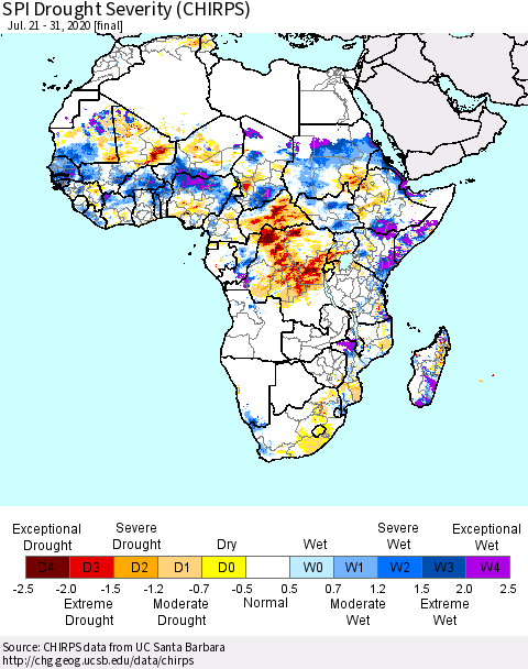 Africa SPI Drought Severity (CHIRPS) Thematic Map For 7/21/2020 - 7/31/2020