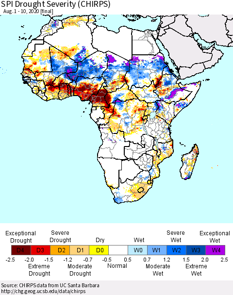 Africa SPI Drought Severity (CHIRPS) Thematic Map For 8/1/2020 - 8/10/2020