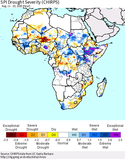 Africa SPI Drought Severity (CHIRPS) Thematic Map For 8/11/2020 - 8/20/2020