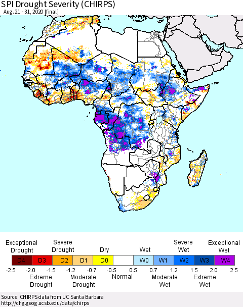 Africa SPI Drought Severity (CHIRPS) Thematic Map For 8/21/2020 - 8/31/2020