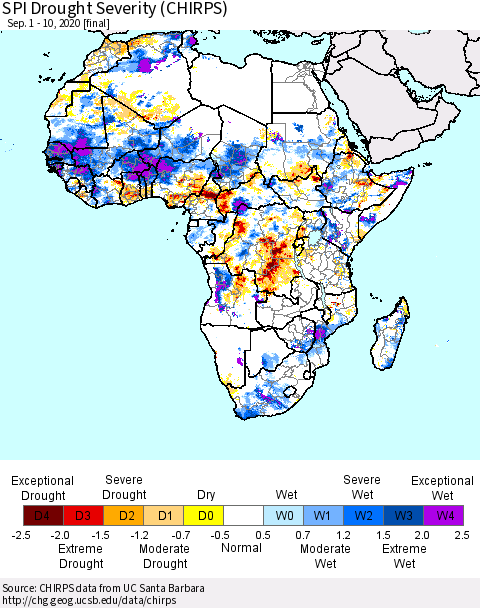 Africa SPI Drought Severity (CHIRPS) Thematic Map For 9/1/2020 - 9/10/2020