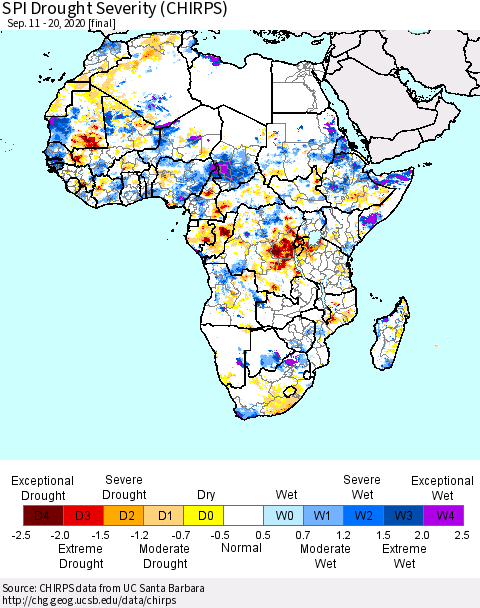 Africa SPI Drought Severity (CHIRPS) Thematic Map For 9/11/2020 - 9/20/2020