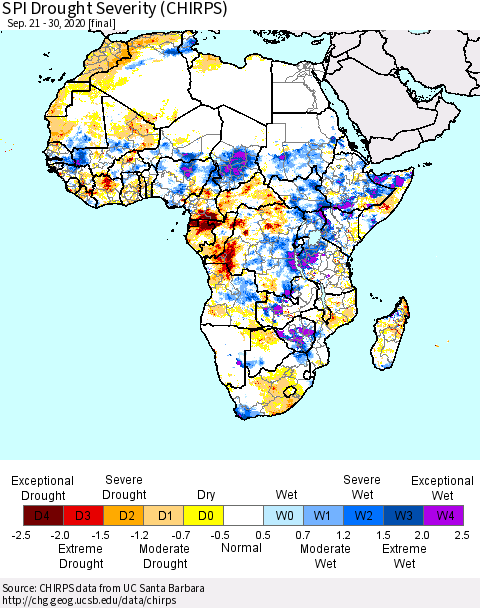 Africa SPI Drought Severity (CHIRPS) Thematic Map For 9/21/2020 - 9/30/2020