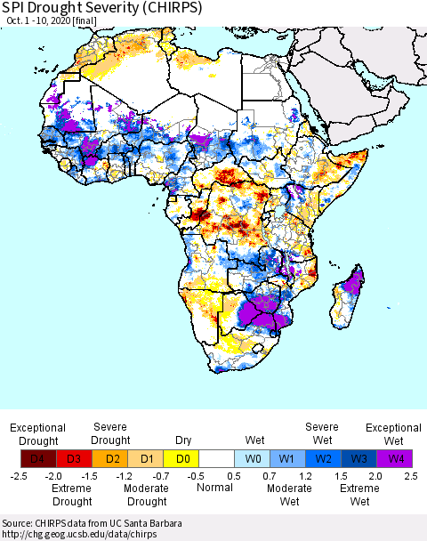 Africa SPI Drought Severity (CHIRPS) Thematic Map For 10/1/2020 - 10/10/2020