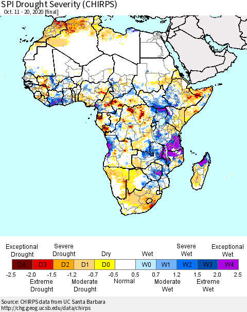 Africa SPI Drought Severity (CHIRPS) Thematic Map For 10/11/2020 - 10/20/2020