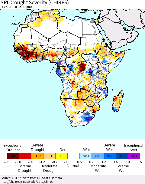 Africa SPI Drought Severity (CHIRPS) Thematic Map For 10/21/2020 - 10/31/2020