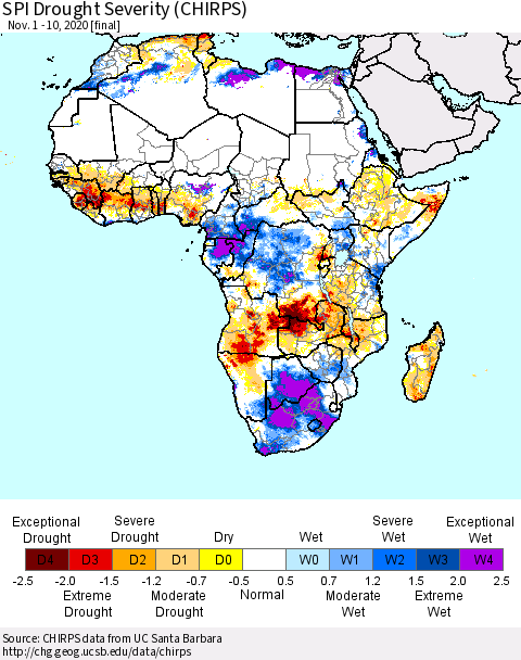 Africa SPI Drought Severity (CHIRPS) Thematic Map For 11/1/2020 - 11/10/2020