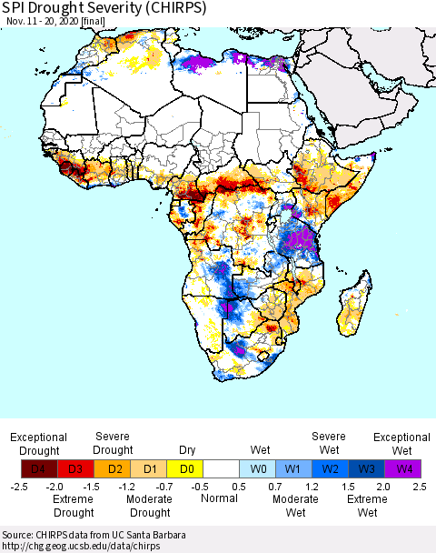 Africa SPI Drought Severity (CHIRPS) Thematic Map For 11/11/2020 - 11/20/2020