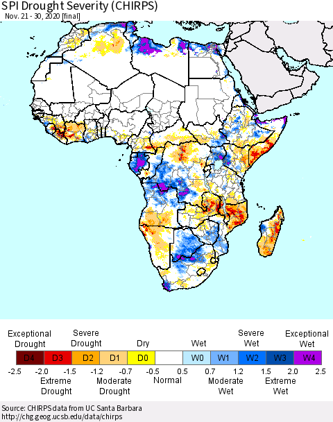 Africa SPI Drought Severity (CHIRPS) Thematic Map For 11/21/2020 - 11/30/2020