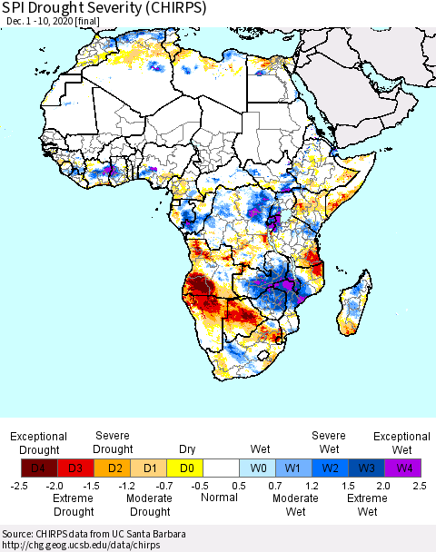 Africa SPI Drought Severity (CHIRPS) Thematic Map For 12/1/2020 - 12/10/2020
