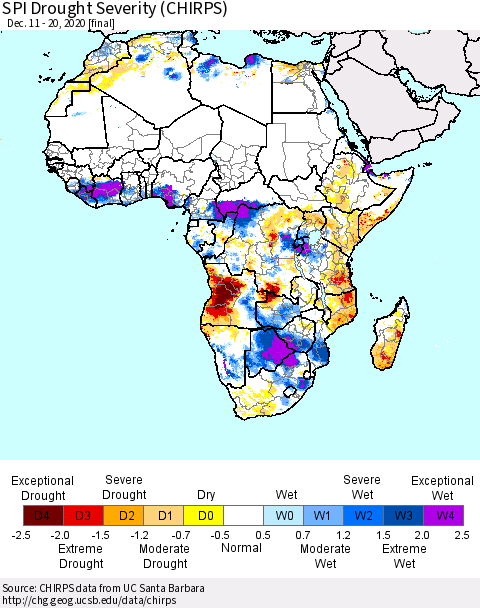 Africa SPI Drought Severity (CHIRPS) Thematic Map For 12/11/2020 - 12/20/2020