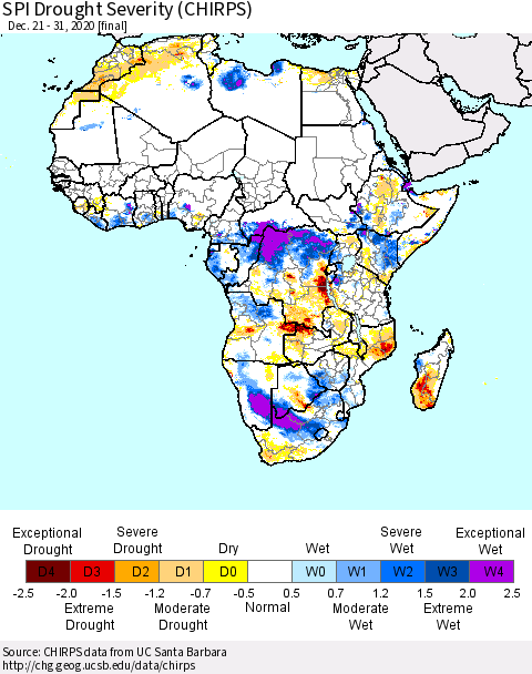 Africa SPI Drought Severity (CHIRPS) Thematic Map For 12/21/2020 - 12/31/2020