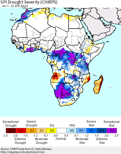 Africa SPI Drought Severity (CHIRPS) Thematic Map For 1/1/2021 - 1/10/2021