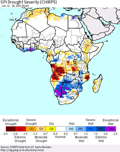 Africa SPI Drought Severity (CHIRPS) Thematic Map For 1/11/2021 - 1/20/2021