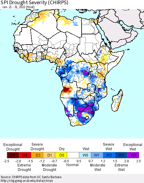 Africa SPI Drought Severity (CHIRPS) Thematic Map For 1/21/2021 - 1/31/2021