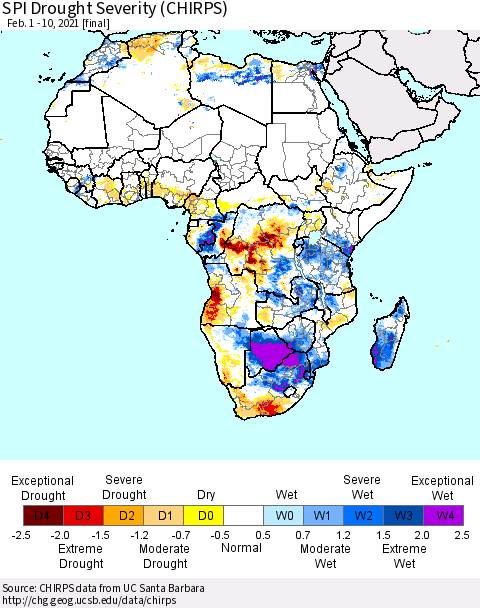 Africa SPI Drought Severity (CHIRPS) Thematic Map For 2/1/2021 - 2/10/2021