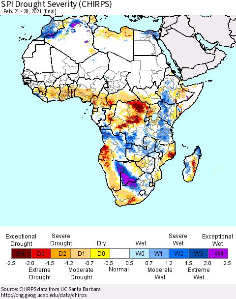 Africa SPI Drought Severity (CHIRPS) Thematic Map For 2/21/2021 - 2/28/2021