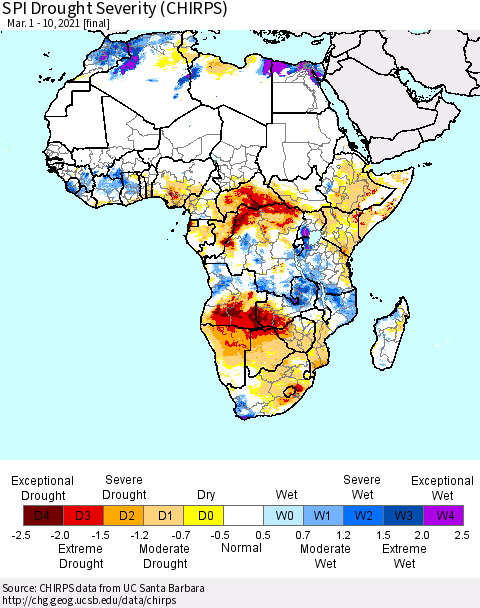 Africa SPI Drought Severity (CHIRPS) Thematic Map For 3/1/2021 - 3/10/2021
