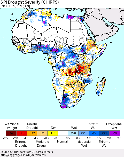 Africa SPI Drought Severity (CHIRPS) Thematic Map For 3/11/2021 - 3/20/2021