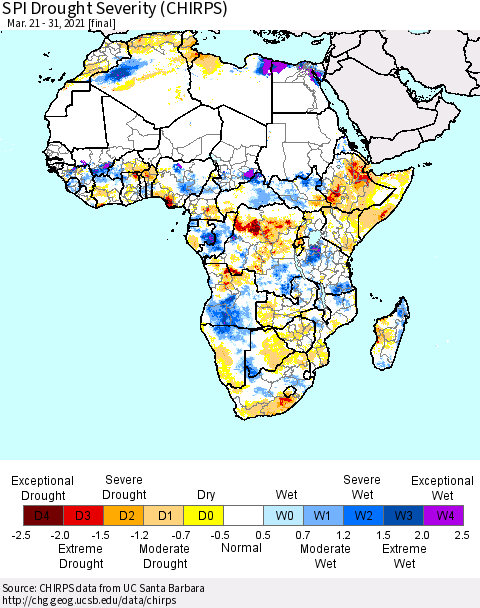 Africa SPI Drought Severity (CHIRPS) Thematic Map For 3/21/2021 - 3/31/2021