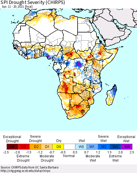 Africa SPI Drought Severity (CHIRPS) Thematic Map For 4/11/2021 - 4/20/2021