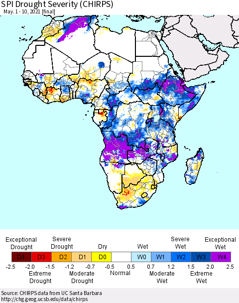 Africa SPI Drought Severity (CHIRPS) Thematic Map For 5/1/2021 - 5/10/2021