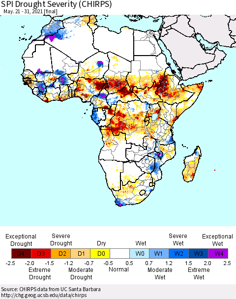 Africa SPI Drought Severity (CHIRPS) Thematic Map For 5/21/2021 - 5/31/2021