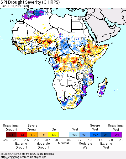 Africa SPI Drought Severity (CHIRPS) Thematic Map For 6/1/2021 - 6/10/2021