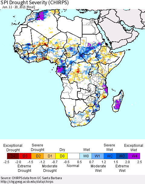 Africa SPI Drought Severity (CHIRPS) Thematic Map For 6/11/2021 - 6/20/2021